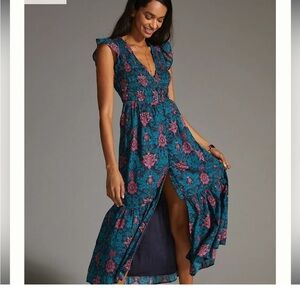 Anthropologie Teal and Pink Floral Midi Dress